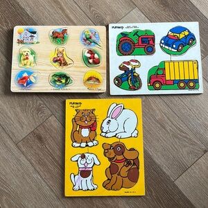2 vintage wooden Playskool puzzles and 1 Melissa & Doug wooden sound puzzle